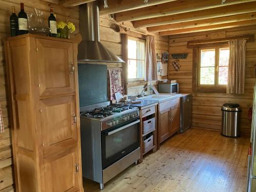 une cuisine avec un four à plaques de cuisson dans une cabine dans l'établissement Les Coeurs de Bolquère., à Bolquère-Pyrénées 2000