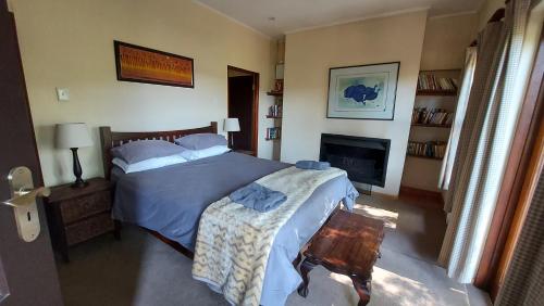 ein Schlafzimmer mit einem großen Bett und einem Kamin in der Unterkunft Catmandu in Dullstroom