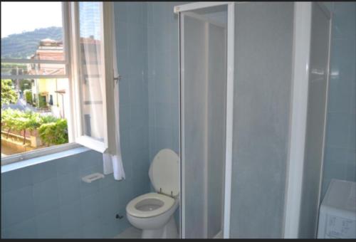 uma casa de banho azul com um WC e uma janela em Appartamento 6 em Ameglia