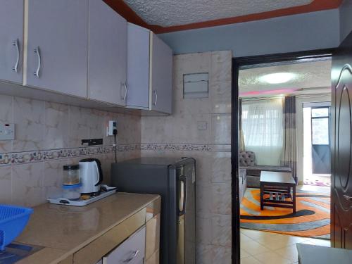 una cucina con armadi bianchi e frigorifero in acciaio inossidabile di Parkview apartments a Nakuru