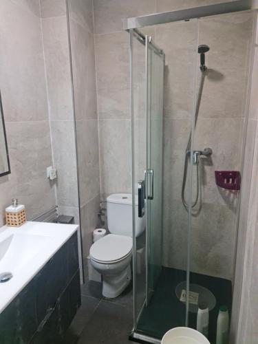 a bathroom with a toilet and a glass shower at APARTAMENTO VALERIA in Murcia