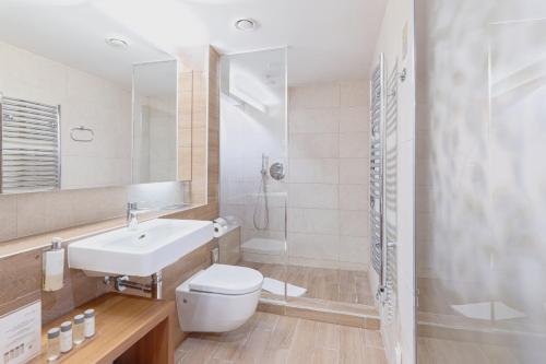 a bathroom with a sink and a toilet and a shower at SPA VILNIUS Anykščiai in Anykščiai