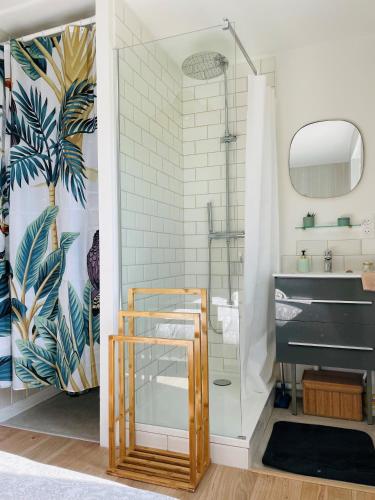 une salle de bain avec douche et lavabo dans l'établissement Appartement Le bonheur de vivre, à Saint-Coulomb