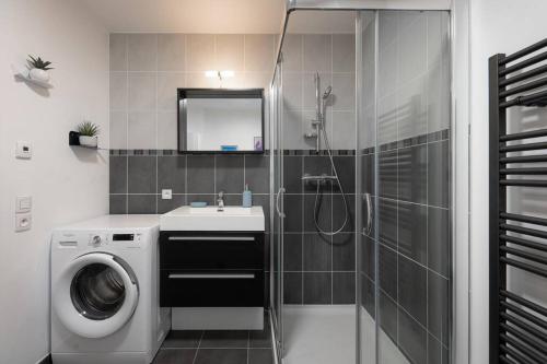 uma casa de banho com uma máquina de lavar roupa e um lavatório em Cabana & La Terrasse du Parmelan proche Annecy em Groisy