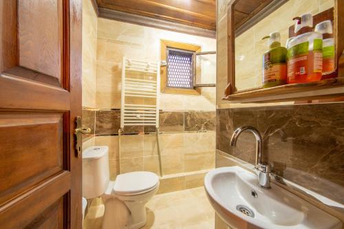 La petite salle de bains est pourvue de toilettes et d'un lavabo. dans l'établissement Süleyman Bey Konak, à Safranbolu