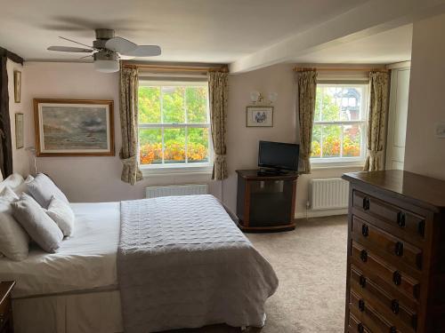 a bedroom with a bed and a television and two windows at The Jolly Farmer in Bramley