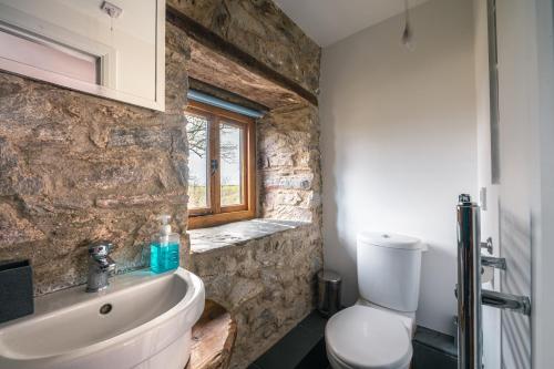 a bathroom with a sink and a toilet and a window at Stunning Converted Granary in Heart of St Davids in St. Davids