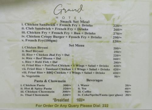 a page of a menu for the grand hotel at The Grand Hotel BD in Sylhet