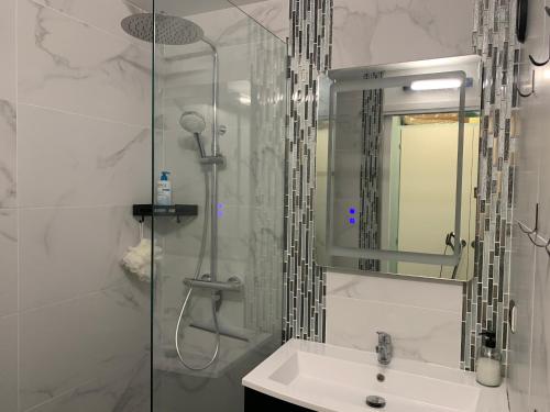 a bathroom with a shower and a sink and a mirror at Vue mer, superbe appartement refait à neuf! in Talmont