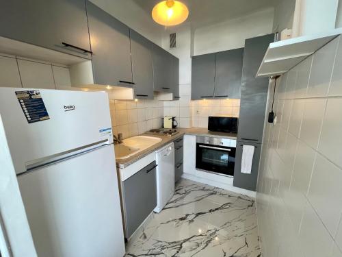 une cuisine avec un réfrigérateur blanc et un évier dans l'établissement Le CHOUTA BEACH, à Antibes