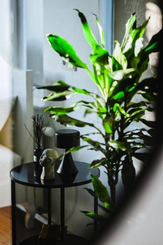 a table with a plant and a vase on it at ÁLka - Cozy Room by the Sea With Private Hot Tub in Njarðvík