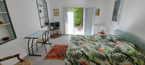 Schlafzimmer mit einem Bett, einem Schreibtisch und einem TV in der Unterkunft T2 indépendant dans maison Tout confort in Die