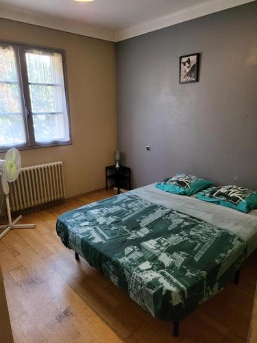 une chambre avec un lit avec une couette verte dans l'établissement Grande maison avec 5 chambres et jardin, à Avignon