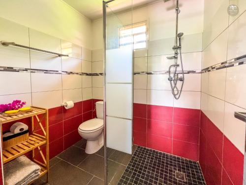 ein Bad mit einer Dusche und einem WC in der Unterkunft Villa Bwa Kanpech' in Le Vauclin