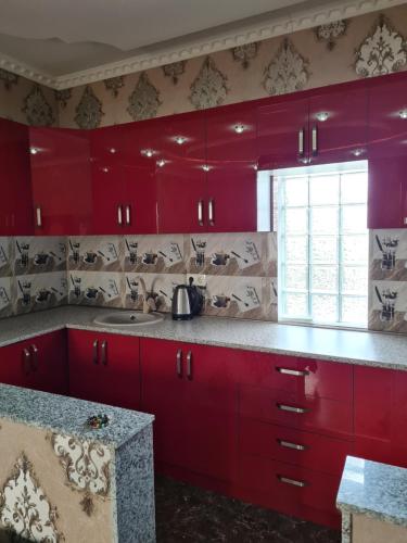 a kitchen with red cabinets and a window at Gricko in Tbilisi City