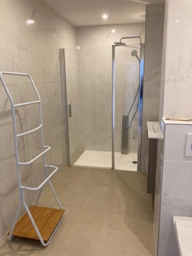 W łazience znajduje się prysznic ze szklanymi drzwiami. w obiekcie Joli appartement coquet et cosy w mieście Royan