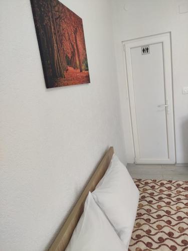 a bedroom with a bed and a picture on the wall at Villa Ivanovi in Ohrid