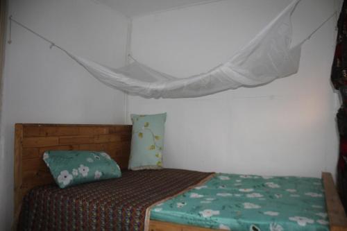 a small bedroom with a bed with a mosquito net at Beach House in Kigamboni Dar es Salaam in Dar es Salaam
