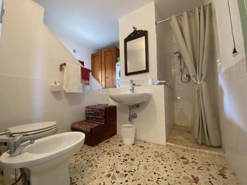 a bathroom with a sink and a toilet and a shower at Macaseni Di Franca in Scopello