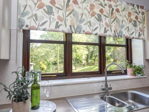 BryntegにあるGlasinfryn Cottageの花のカーテン付きの窓のあるキッチンシンク