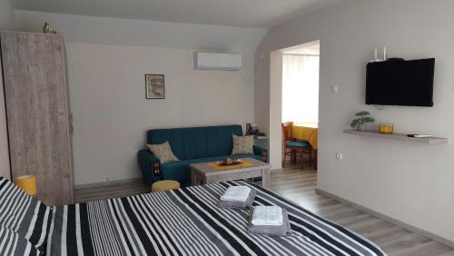 a bedroom with a bed and a couch and a television at Apartmani MALINA in Vrnjačka Banja