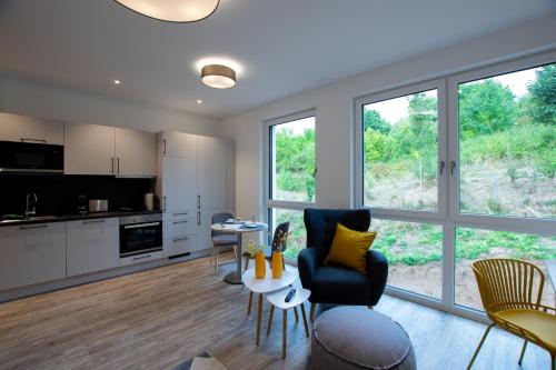 uma cozinha e sala de estar com sofá e cadeiras em Livin63 Studio Apartments em Hösbach