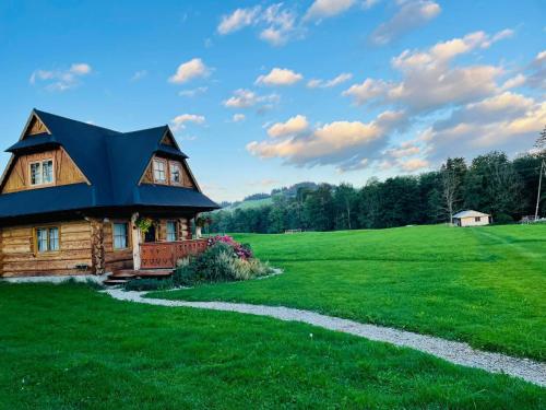 a log cabin with a dome roof on a green field at Domek u Orszulaków in Witów