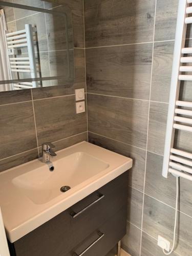 La salle de bains est pourvue d'un lavabo et d'un miroir. dans l'établissement Appartement 4 chambres centre-ville, à Bourg-en-Bresse