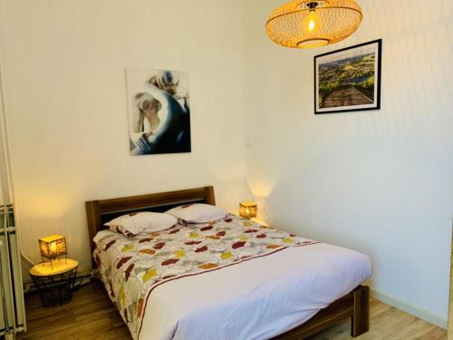 1 dormitorio con 1 cama, 2 lámparas y 1 foto en Gîte: À la courbe du fleuve, en Godinne