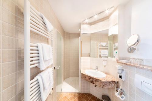 een badkamer met een wastafel en een spiegel bij Hotel Forstmeister in Schönheide