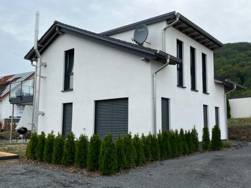 a white house with black windows and a row of bushes at Ferienwohnung Ederseeblick in Waldeck