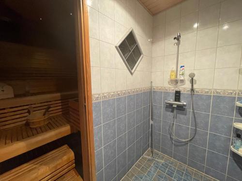uma casa de banho com um chuveiro com azulejos azuis em Blue Dream House em Rovaniemi