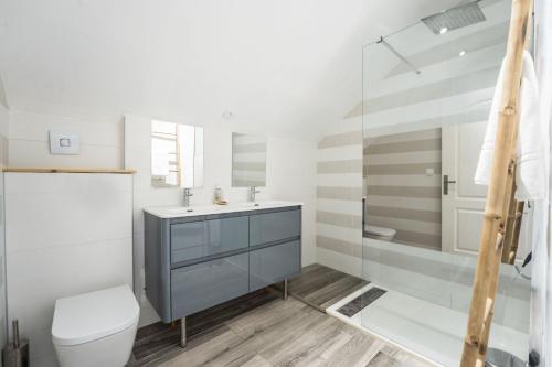 uma casa de banho com um lavatório, um WC e um chuveiro em Villa Kassav'ry em Capesterre-Belle-Eau