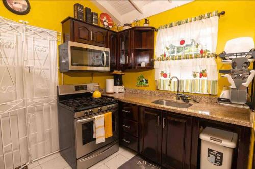 a kitchen with a stove and a sink at ArecaPalmsOasis King Bed Near Dunns River Falls in Mammee Bay