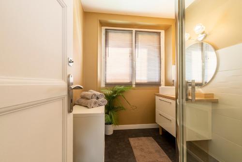 La salle de bains est pourvue d'un lavabo et d'un miroir. dans l'établissement "Le Rollin Cosy" LOVELY - CONFORT- RELAX - CENTRE VILLE - 6 Voyageurs, à Dijon