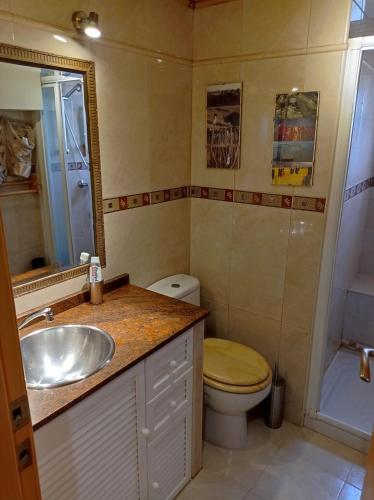 a bathroom with a sink and a toilet and a shower at Apartamento Árbol de vida - cerca Estadio Cartuja in Seville