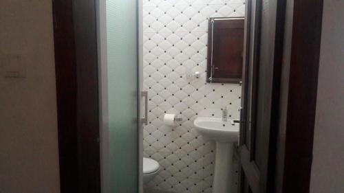 La salle de bains est pourvue d'un lavabo et de toilettes. dans l'établissement Hayben serviced apartments, à Accra