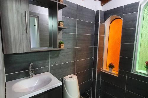 La salle de bains est pourvue d'un lavabo et d'un miroir. dans l'établissement central apartamento al lado del polideportivo sur de envigado, à Envigado