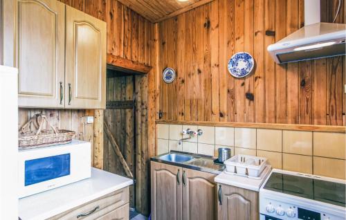 a kitchen with wooden cabinets and a sink and a microwave at Awesome Home In Mragowo With Kitchen in Kosewo