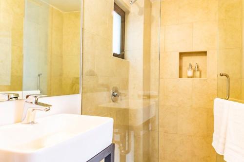 y baño con lavabo y ducha. en Cálido loft a pasos del Zócalo Disfrútalo en Ciudad de México