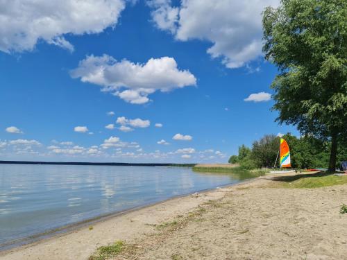 a sail boat on the shore of a lake at Luxusferienhaus Seevilla Monaco am Fleesensee in Göhren-Lebbin