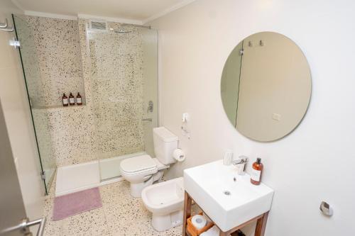 a bathroom with a sink and a toilet and a mirror at La Palmera Homestudio. Hermoso apartamento en el corazón de Palermo Hollywood in Buenos Aires
