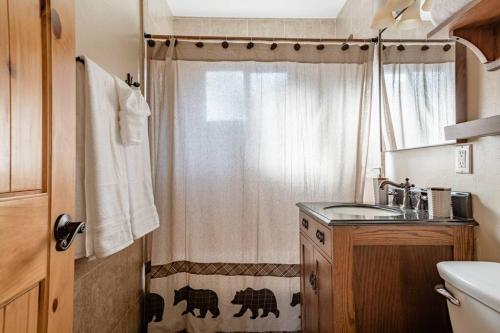 a bathroom with a sink and a shower with a curtain at Hot tub*kids room*family cabin in Big Bear City