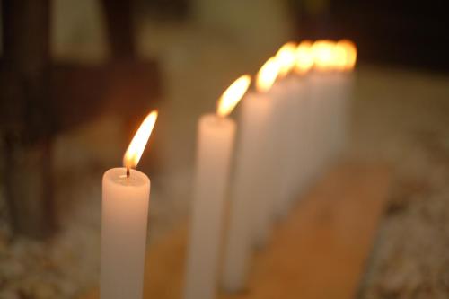a row of white candles in a row at El árbol de la vida Hostel - Private Rooms Near Bacalar Lagoon in Bacalar