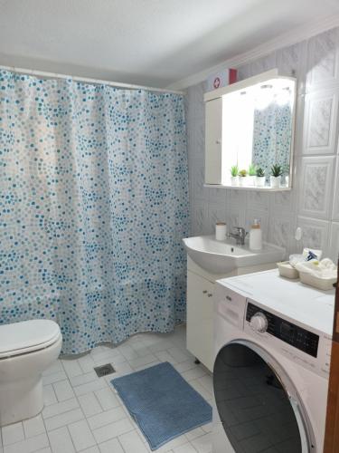 ein Badezimmer mit einem WC-Waschbecken und einem Duschvorhang in der Unterkunft Anthi's luxury home in Thessaloniki