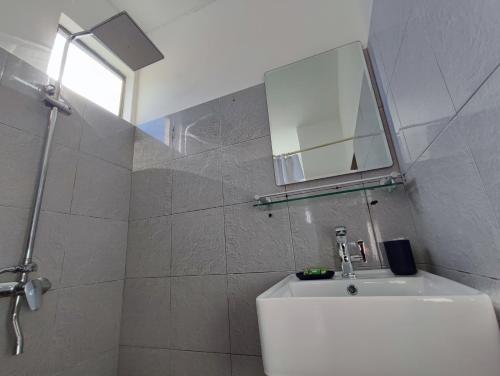 ein Bad mit einem Waschbecken, einem Spiegel und einer Dusche in der Unterkunft Ti Pavillon in Rodrigues Island