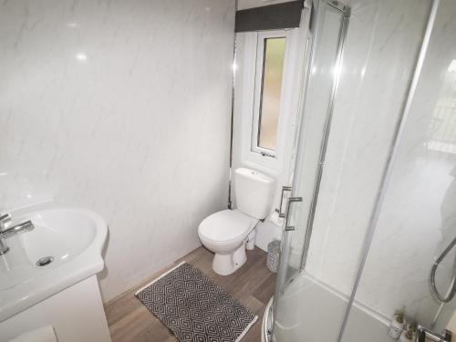 a white bathroom with a toilet and a sink at Celyn in Ruthin