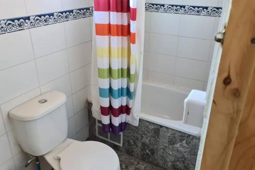 baño con aseo y cortina de ducha colorida en EL GRAN ROBLE. en Constitución