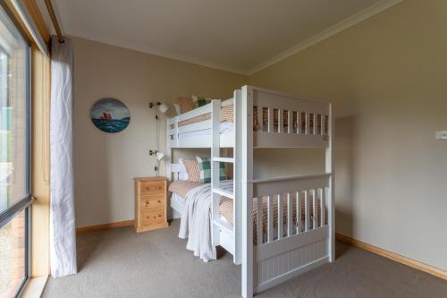 een slaapkamer met een stapelbed en een ladder bij Norfolk Bay Retreat - views over the sea and vines 