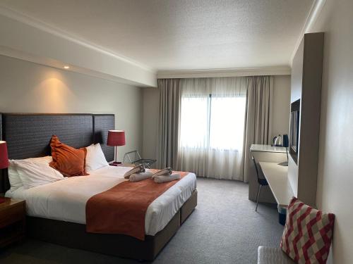 pokój hotelowy z dużym łóżkiem i oknem w obiekcie Darwin Esplanade Central Official w mieście Darwin